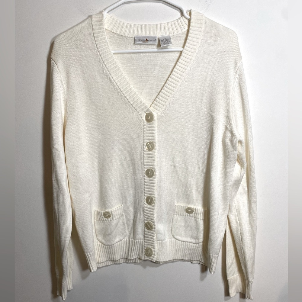 Preswick and Moore V Neck White Button Up Cardigan Classic Size Petite XL Preppy